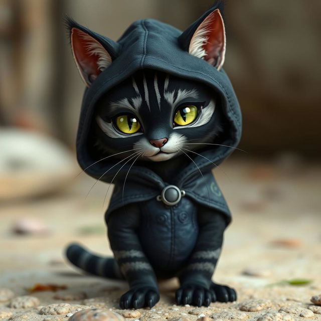 A female tabaxi resembling a housecat, featuring sleek black fur adorned with light grey stripes, stands at just 3 feet tall, embodying an adorable, petite presence