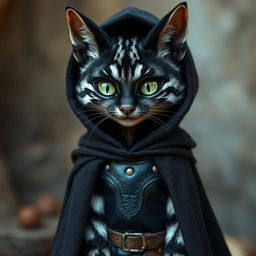 A female tabaxi resembling a housecat with striking black fur and light grey stripes stands at a petite 3 feet tall