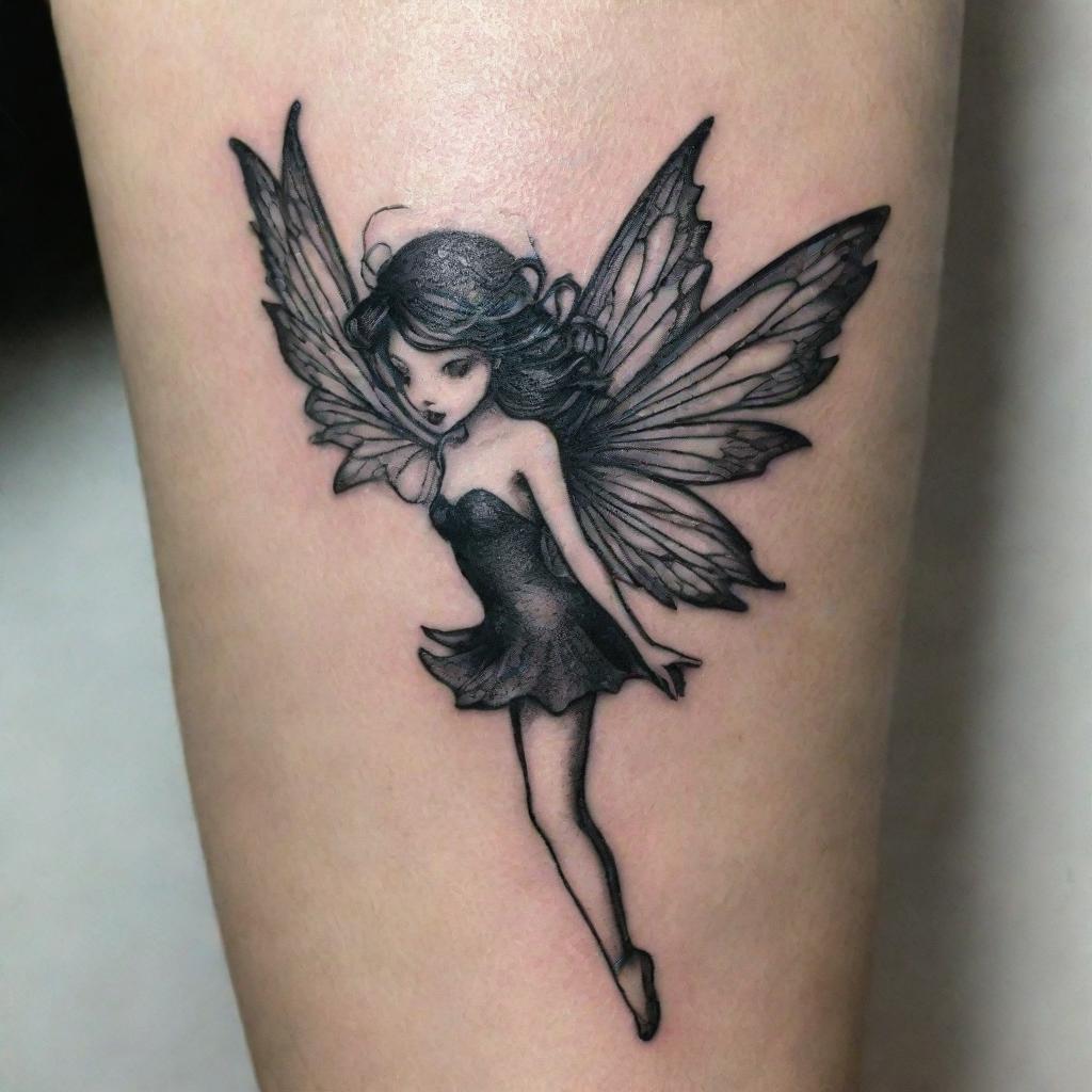 An intricately detailed, petite fairy tattoo, inked in black. The fairy has delicate wings in fine lines and is frozen mid-dance, creating a sense of movement and whimsy.