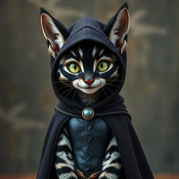 A female tabaxi resembling a housecat with striking black fur and light grey stripes stands at a petite 3 feet tall