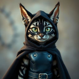 A female tabaxi resembling a housecat with striking black fur and light grey stripes stands at a petite 3 feet tall