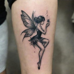 An intricately detailed, petite fairy tattoo, inked in black. The fairy has delicate wings in fine lines and is frozen mid-dance, creating a sense of movement and whimsy.