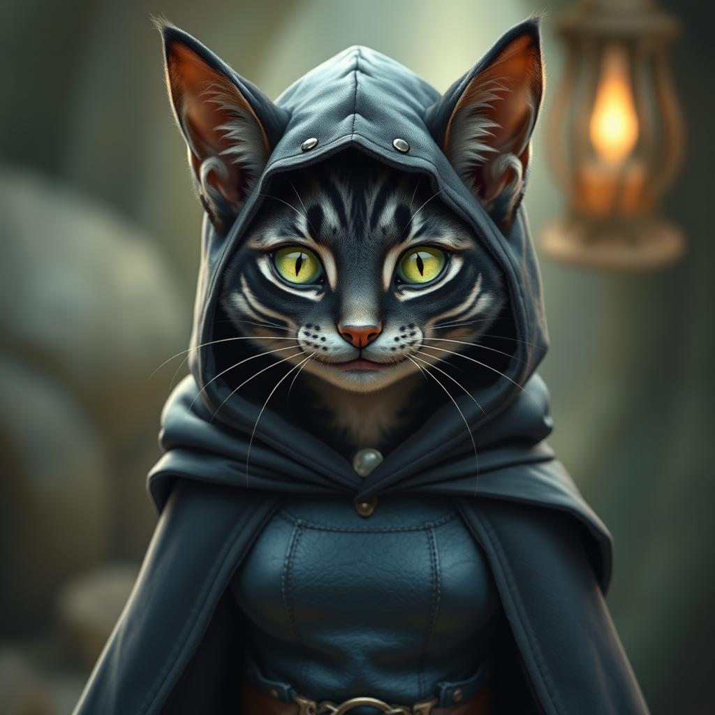 A female tabaxi that resembles a charming housecat, possessing glossy black fur with distinct light grey stripes