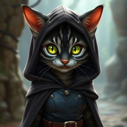 A female tabaxi that resembles a charming housecat, possessing glossy black fur with distinct light grey stripes