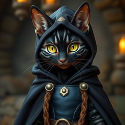 A female tabaxi that resembles a charming housecat, possessing glossy black fur with distinct light grey stripes