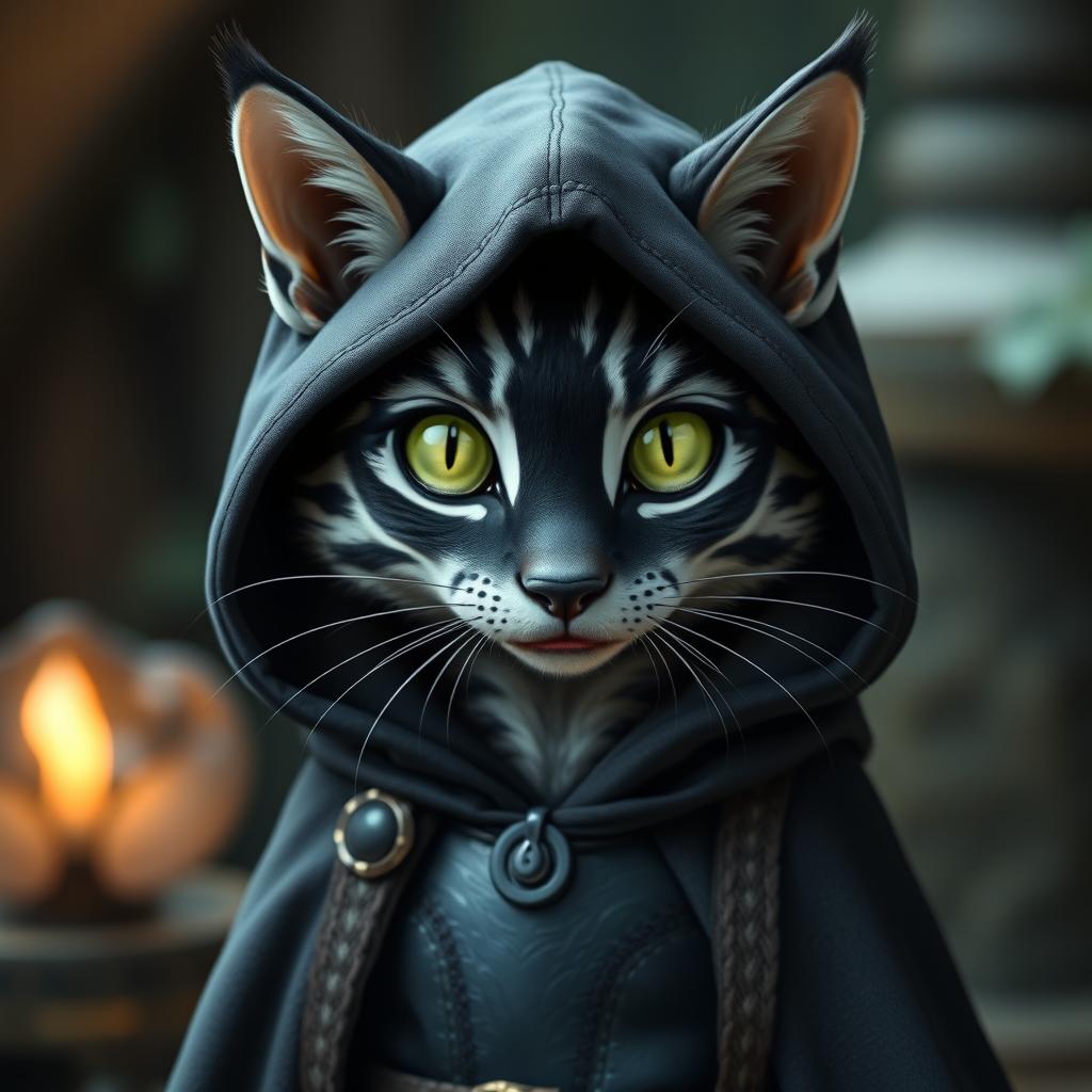 A female tabaxi that resembles a charming housecat, possessing glossy black fur with distinct light grey stripes