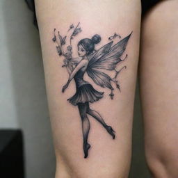 An intricately detailed, petite fairy tattoo, inked in black. The fairy has delicate wings in fine lines and is frozen mid-dance, creating a sense of movement and whimsy.