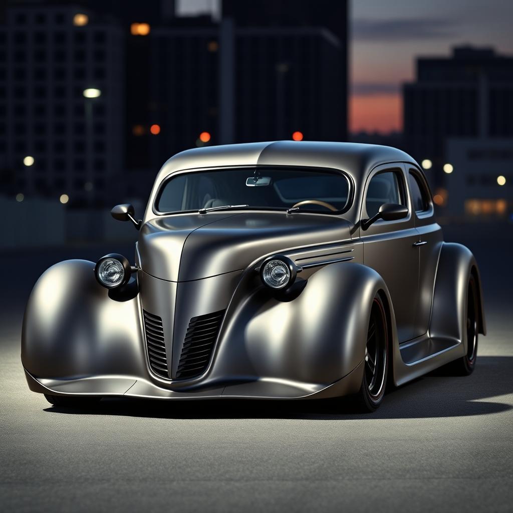 An exotic supercar that fuses the elegance of a satin black 1935 Chevrolet standard sedan with a custom widebody hood design and futuristic elements inspired by BMW's avant-garde style