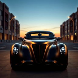 An exotic supercar that fuses the elegance of a satin black 1935 Chevrolet standard sedan with a custom widebody hood design and futuristic elements inspired by BMW's avant-garde style