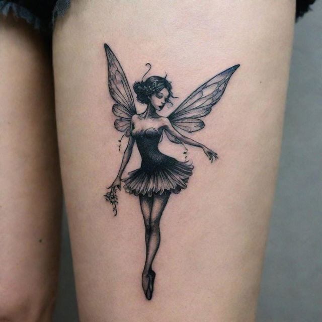 An intricately detailed, petite fairy tattoo, inked in black. The fairy has delicate wings in fine lines and is frozen mid-dance, creating a sense of movement and whimsy.