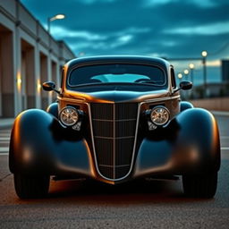 An exotic supercar that fuses the elegance of a satin black 1935 Chevrolet standard sedan with a custom widebody hood design and futuristic elements inspired by BMW's avant-garde style