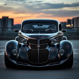 An exotic supercar that fuses the elegance of a satin black 1935 Chevrolet standard sedan with a custom widebody hood design and futuristic elements inspired by BMW's avant-garde style