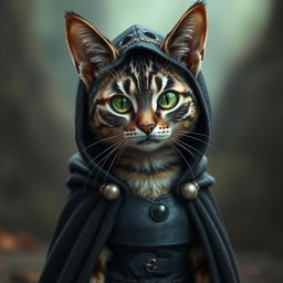 A female tabaxi that resembles a housecat, featuring a beautiful coat of black fur with light grey stripes in a classic tabby pattern