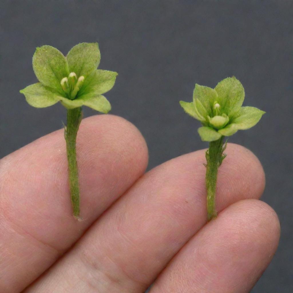 An image showing a side-by-side comparison of the world's smallest flower, the Wolffia, and the fingertip of a human. The stark difference in scale dramatically underscores the remarkably tiny size of this aquatic flowering plant.