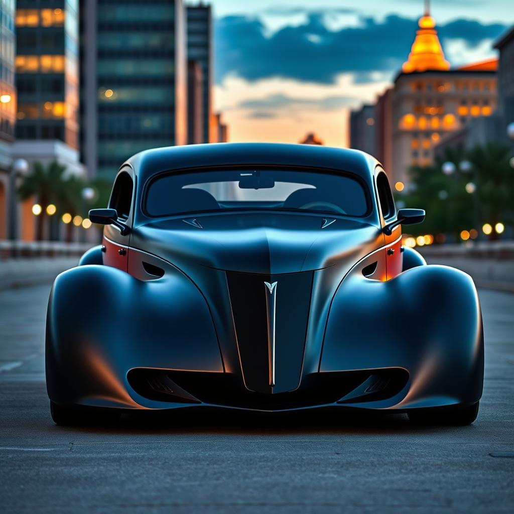 An exotic supercar that seamlessly combines the classic style of a satin black 1935 Chevrolet standard sedan with a striking custom widebody hood design and futuristic elements from BMW's avant-garde aesthetic