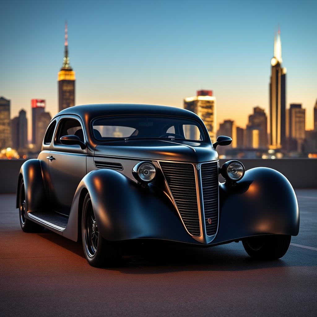 An exotic supercar that seamlessly combines the classic style of a satin black 1935 Chevrolet standard sedan with a striking custom widebody hood design and futuristic elements from BMW's avant-garde aesthetic