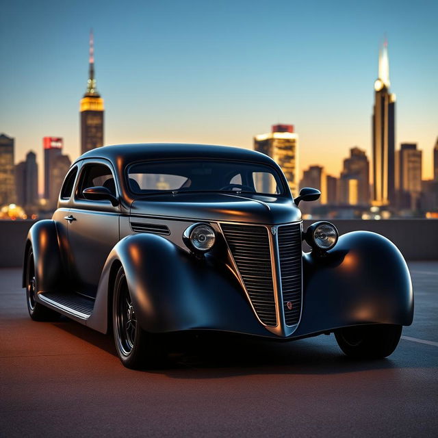 An exotic supercar that seamlessly combines the classic style of a satin black 1935 Chevrolet standard sedan with a striking custom widebody hood design and futuristic elements from BMW's avant-garde aesthetic