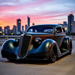 An exotic supercar that seamlessly combines the classic style of a satin black 1935 Chevrolet standard sedan with a striking custom widebody hood design and futuristic elements from BMW's avant-garde aesthetic