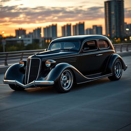 An exotic supercar that seamlessly combines the classic style of a satin black 1935 Chevrolet standard sedan with a striking custom widebody hood design and futuristic elements from BMW's avant-garde aesthetic