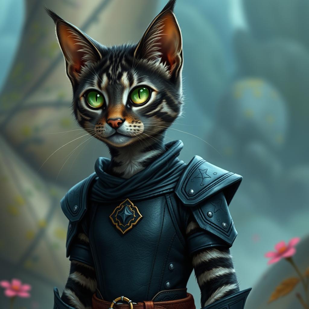 A female tabaxi resembling a housecat, adorned with sleek black fur featuring intricate light grey stripes in a classic tabby pattern