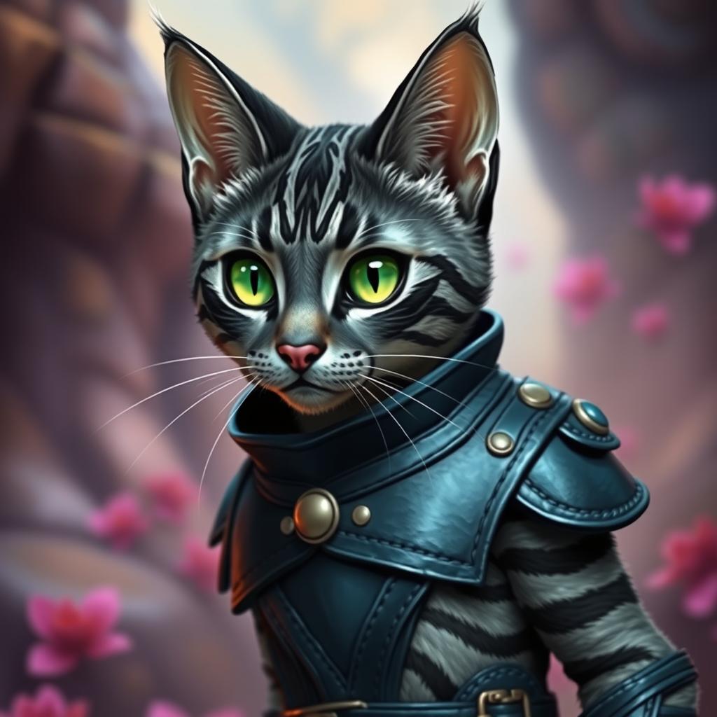 A female tabaxi resembling a housecat, adorned with sleek black fur featuring intricate light grey stripes in a classic tabby pattern