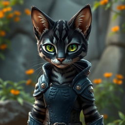 A female tabaxi resembling a housecat, adorned with sleek black fur featuring intricate light grey stripes in a classic tabby pattern