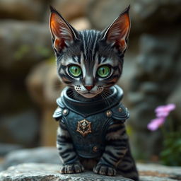 A female tabaxi resembling a housecat, adorned with sleek black fur featuring intricate light grey stripes in a classic tabby pattern