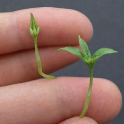 An image showing a side-by-side comparison of the world's smallest flower, the Wolffia, and the fingertip of a human. The stark difference in scale dramatically underscores the remarkably tiny size of this aquatic flowering plant.