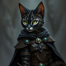 A female tabaxi resembling a housecat, featuring sleek black fur adorned with striking grey stripes in a classic tabby pattern