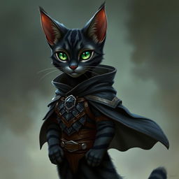 A female tabaxi resembling a housecat, featuring sleek black fur adorned with striking grey stripes in a classic tabby pattern