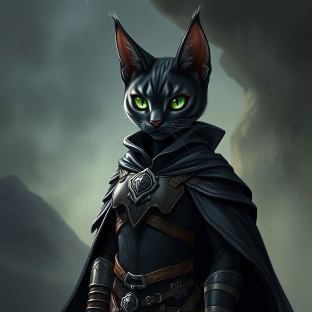 A female tabaxi resembling a housecat, featuring sleek black fur adorned with striking grey stripes in a classic tabby pattern