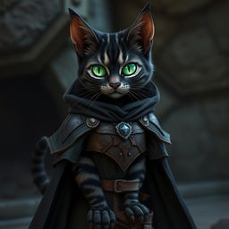 A female tabaxi resembling a housecat, featuring sleek black fur adorned with striking grey stripes in a classic tabby pattern