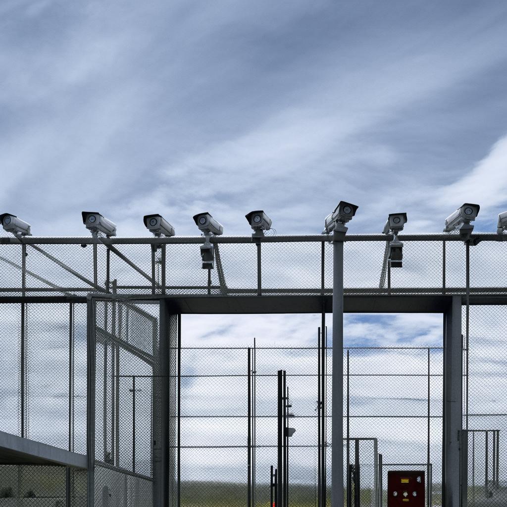 The entrance of a state-of-the-art maximum-security penitentiary heavily dotted with advanced security cameras, displaying the might of its robust surveillance system.