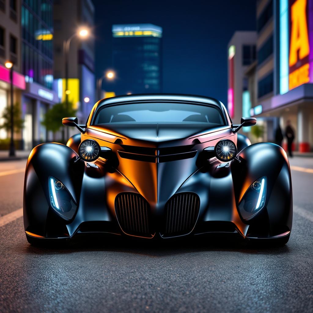 An exotic supercar that merges the classic design of a satin black 1935 Chevrolet standard sedan with a custom widebody hood and avant-garde futuristic elements inspired by BMW