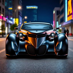 An exotic supercar that merges the classic design of a satin black 1935 Chevrolet standard sedan with a custom widebody hood and avant-garde futuristic elements inspired by BMW