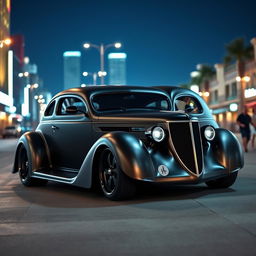 An exotic supercar that merges the classic design of a satin black 1935 Chevrolet standard sedan with a custom widebody hood and avant-garde futuristic elements inspired by BMW