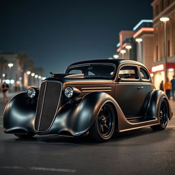 An exotic supercar that merges the classic design of a satin black 1935 Chevrolet standard sedan with a custom widebody hood and avant-garde futuristic elements inspired by BMW