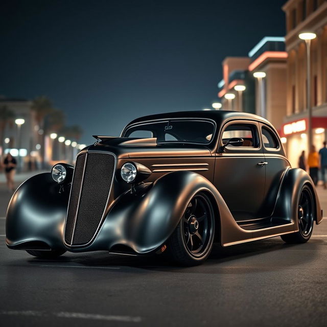 An exotic supercar that merges the classic design of a satin black 1935 Chevrolet standard sedan with a custom widebody hood and avant-garde futuristic elements inspired by BMW