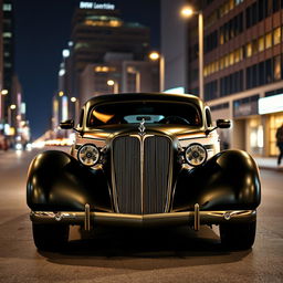 An exotic supercar that merges the classic design of a satin black 1935 Chevrolet standard sedan with a custom widebody hood and avant-garde futuristic elements inspired by BMW