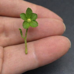 An image showing a side-by-side comparison of the world's smallest flower, the Wolffia, and the fingertip of a human. The stark difference in scale dramatically underscores the remarkably tiny size of this aquatic flowering plant.