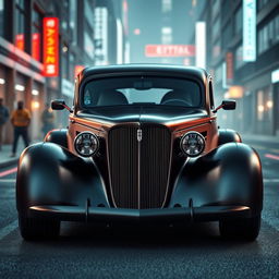 An exotic supercar design that artfully blends the classic satin black 1935 Chevrolet standard sedan with a custom widebody hood and avant-garde futuristic elements inspired by BMW