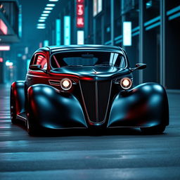 An exotic supercar design that artfully blends the classic satin black 1935 Chevrolet standard sedan with a custom widebody hood and avant-garde futuristic elements inspired by BMW