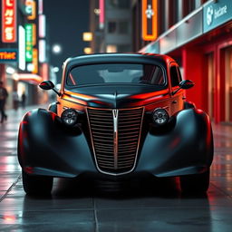 An exotic supercar design that artfully blends the classic satin black 1935 Chevrolet standard sedan with a custom widebody hood and avant-garde futuristic elements inspired by BMW