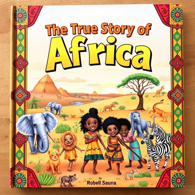 A colorful and engaging book cover for children's literature, depicting the rich history of Africa