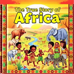 A colorful and engaging book cover for children's literature, depicting the rich history of Africa