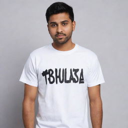 A dirty white t-shirt with the text 'BHULDAZ' prominently featured. Incorporate different creative designs around and within the text to make it stand out.