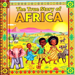 A colorful and engaging book cover for children's literature, depicting the rich history of Africa