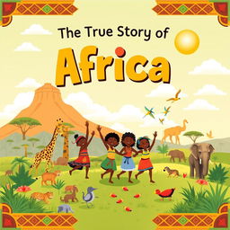 A vibrant and enchanting book cover designed for children, celebrating the true history of Africa