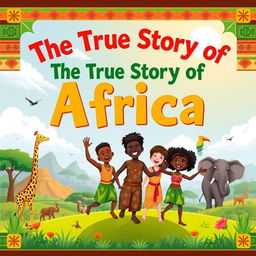 A vibrant and enchanting book cover designed for children, celebrating the true history of Africa