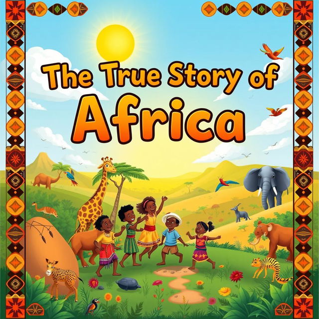 A vibrant and enchanting book cover designed for children, celebrating the true history of Africa